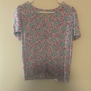 LOFT Vibrant Red and Blue Patterned Short Sleeve Tee